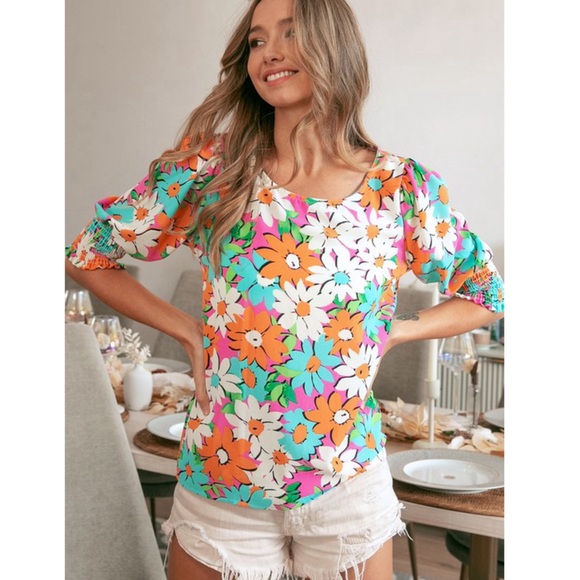 RESTOCK! Multicolor Floral Puff Smocked Sleeve Top! - Picture 5 of 15